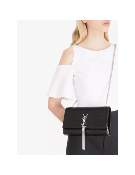 SAINT LAURENT Kate Monogram Croc Embossed Leather Shoulder Bag,YSL,BAGS