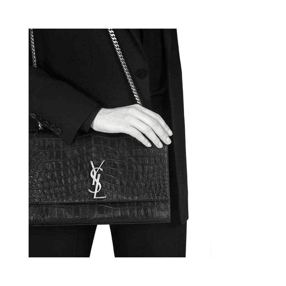 Saint Laurent Large Kate Chain Bag In Black Crocodile Embossed L,YSL,BAGS