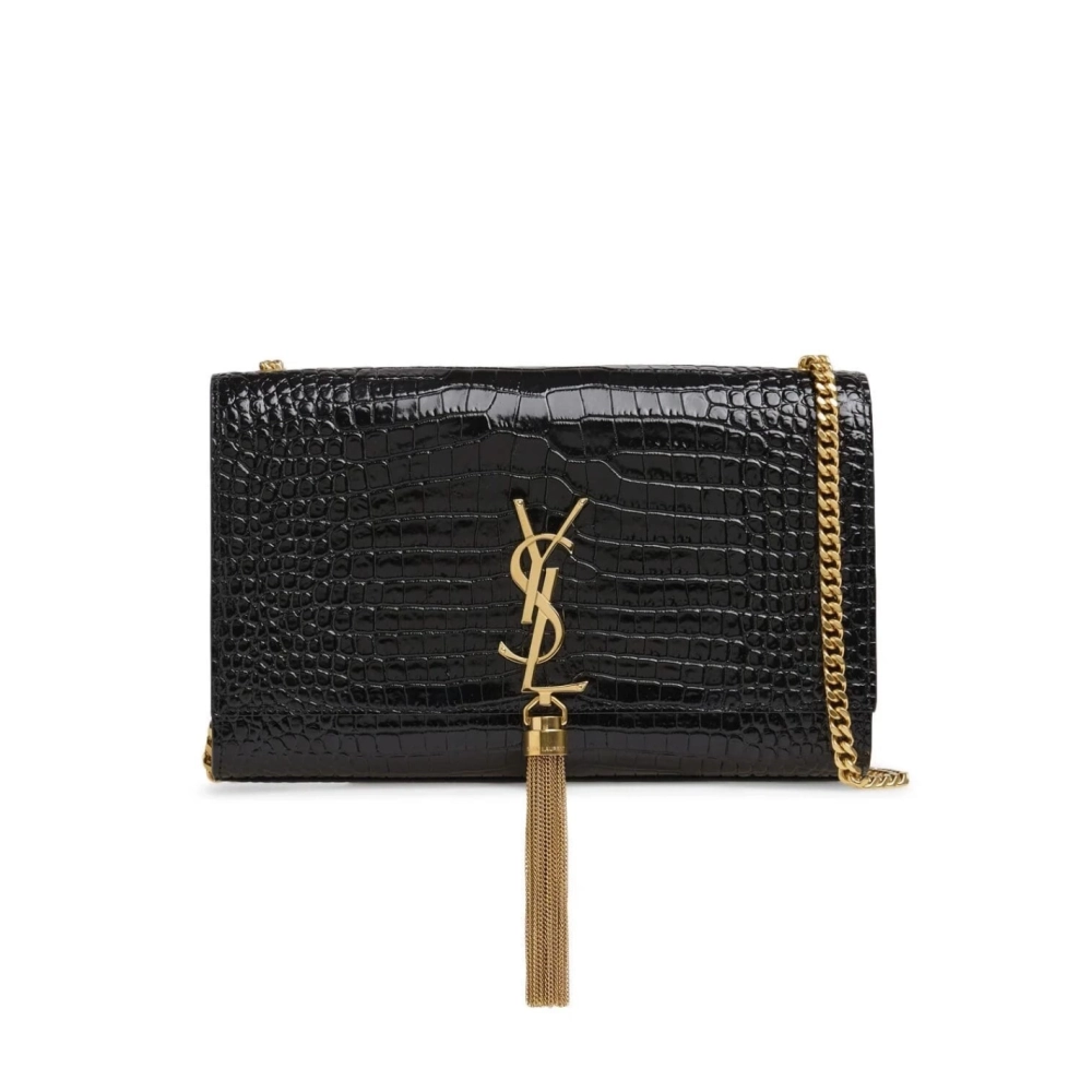 Saint Laurent Medium Kate Tassel Chain Bag In Black Crocodile Em GOLDEN,YSL,BAGS