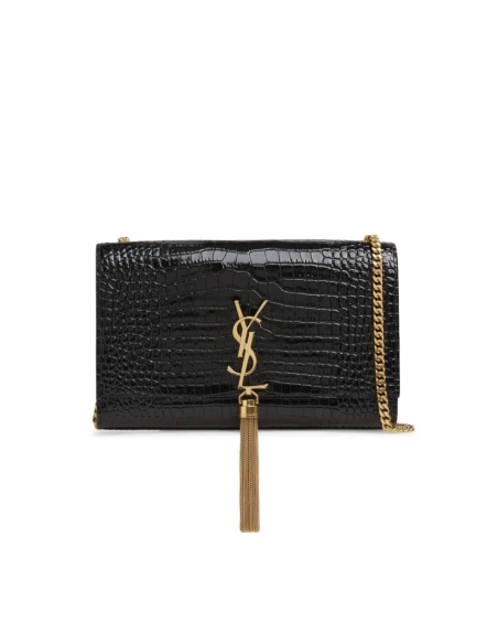 Saint Laurent Medium Kate Tassel Chain Bag In Black Crocodile Em GOLDEN,YSL,BAGS