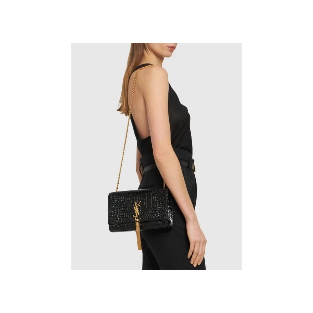 Saint Laurent Medium Kate Tassel Chain Bag In Black Crocodile Em GOLDEN,YSL,BAGS