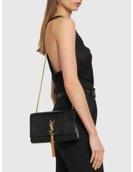 Saint Laurent Medium Kate Tassel Chain Bag In Black Crocodile Em GOLDEN,YSL,BAGS