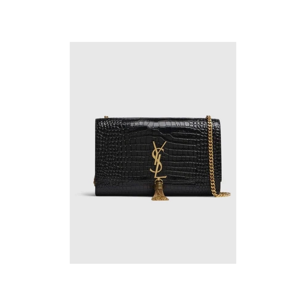 Saint Laurent Medium Kate Tassel Chain Bag In Black Crocodile Em GOLDEN,YSL,BAGS