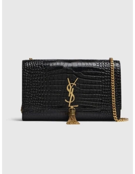 Saint Laurent Medium Kate Tassel Chain Bag In Black Crocodile Em GOLDEN,YSL,BAGS