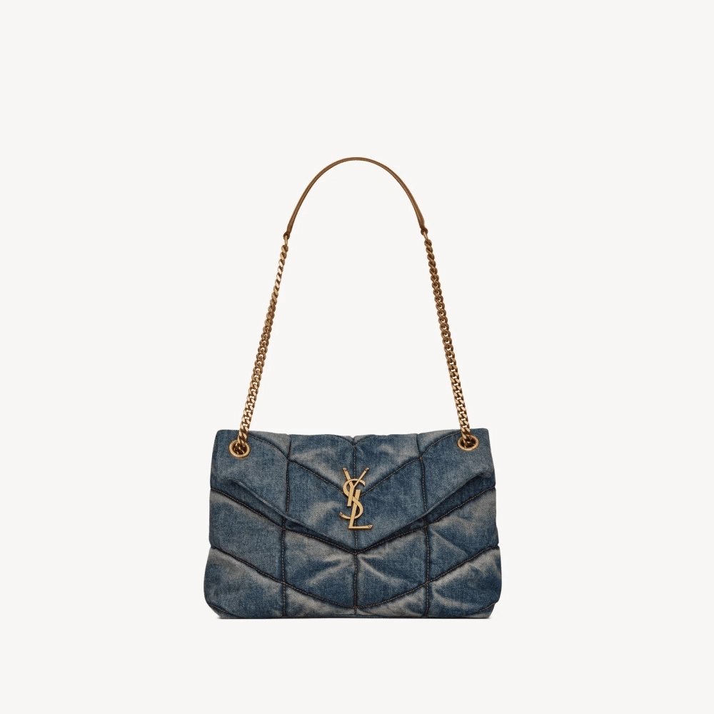 SAINT LAURENT PUFFER SMALL IN SUEDE AND DENIM,YSL,BAGS