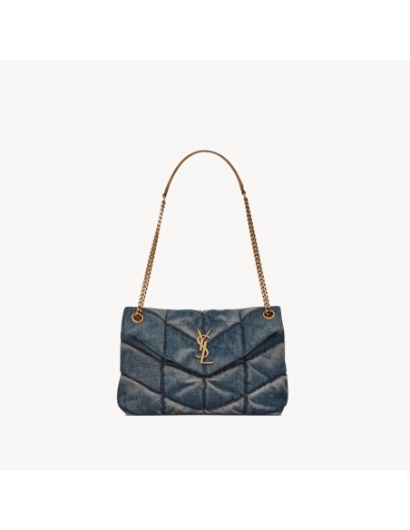 SAINT LAURENT PUFFER SMALL IN SUEDE AND DENIM,YSL,BAGS