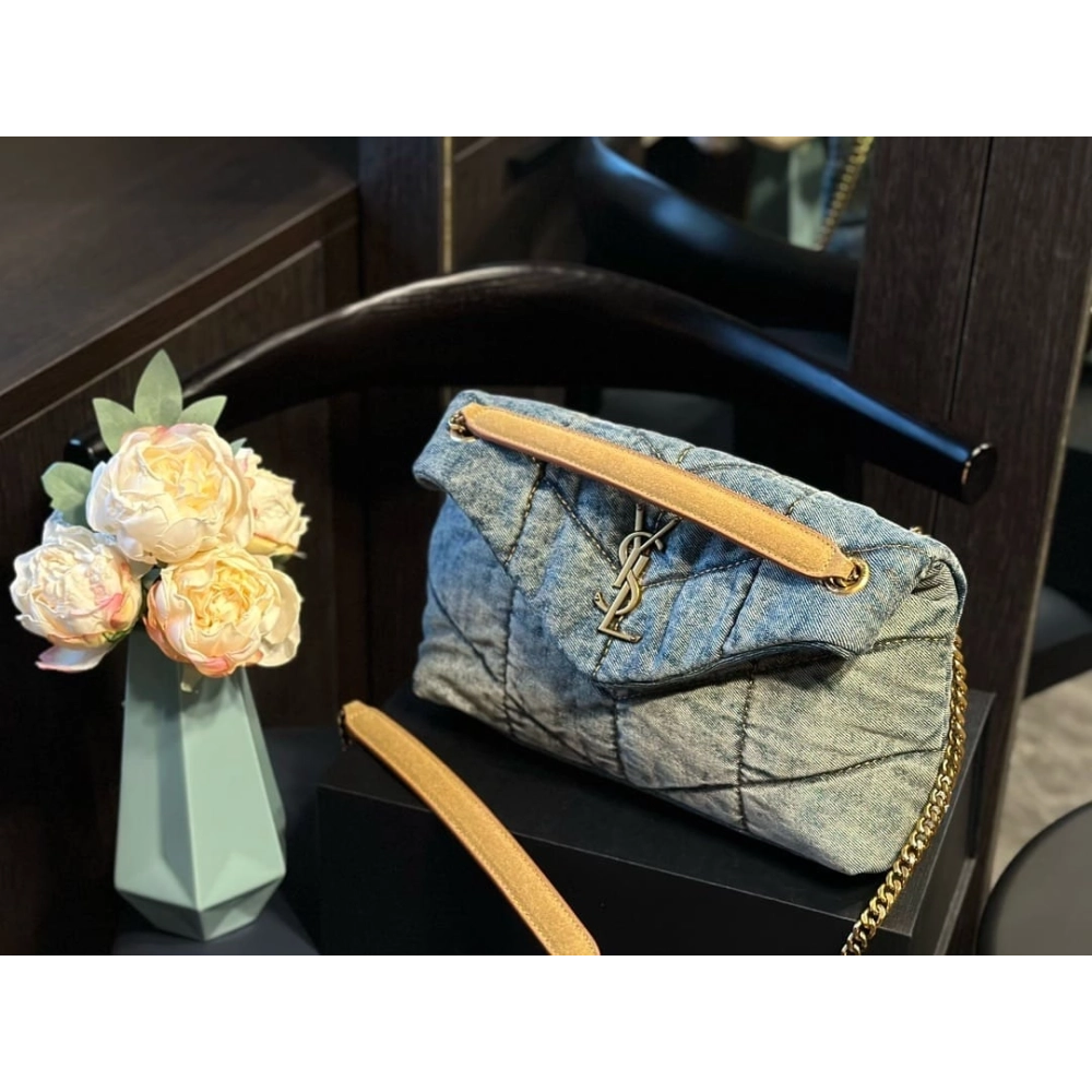 SAINT LAURENT PUFFER SMALL IN SUEDE AND DENIM,YSL,BAGS