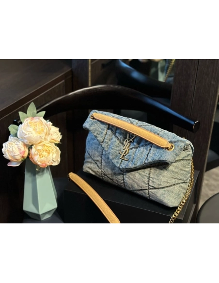 SAINT LAURENT PUFFER SMALL IN SUEDE AND DENIM,YSL,BAGS