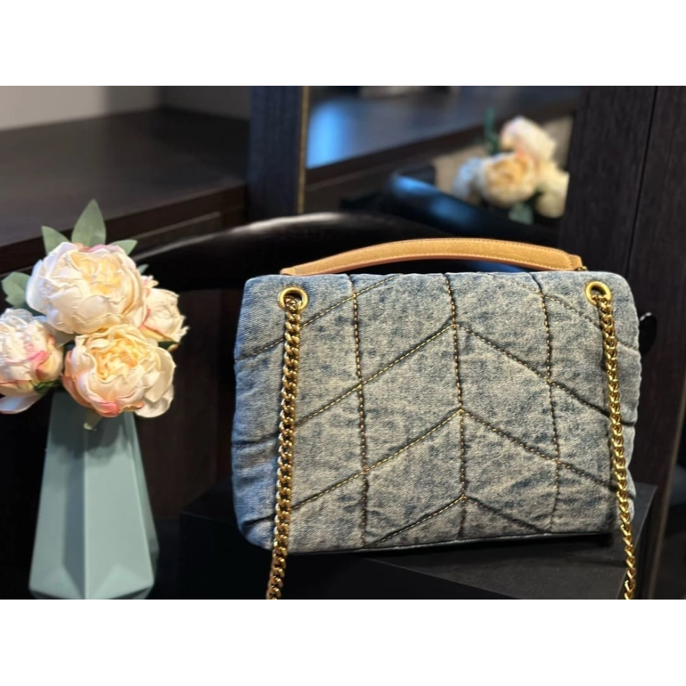 SAINT LAURENT PUFFER SMALL IN SUEDE AND DENIM,YSL,BAGS