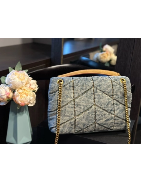 SAINT LAURENT PUFFER SMALL IN SUEDE AND DENIM,YSL,BAGS