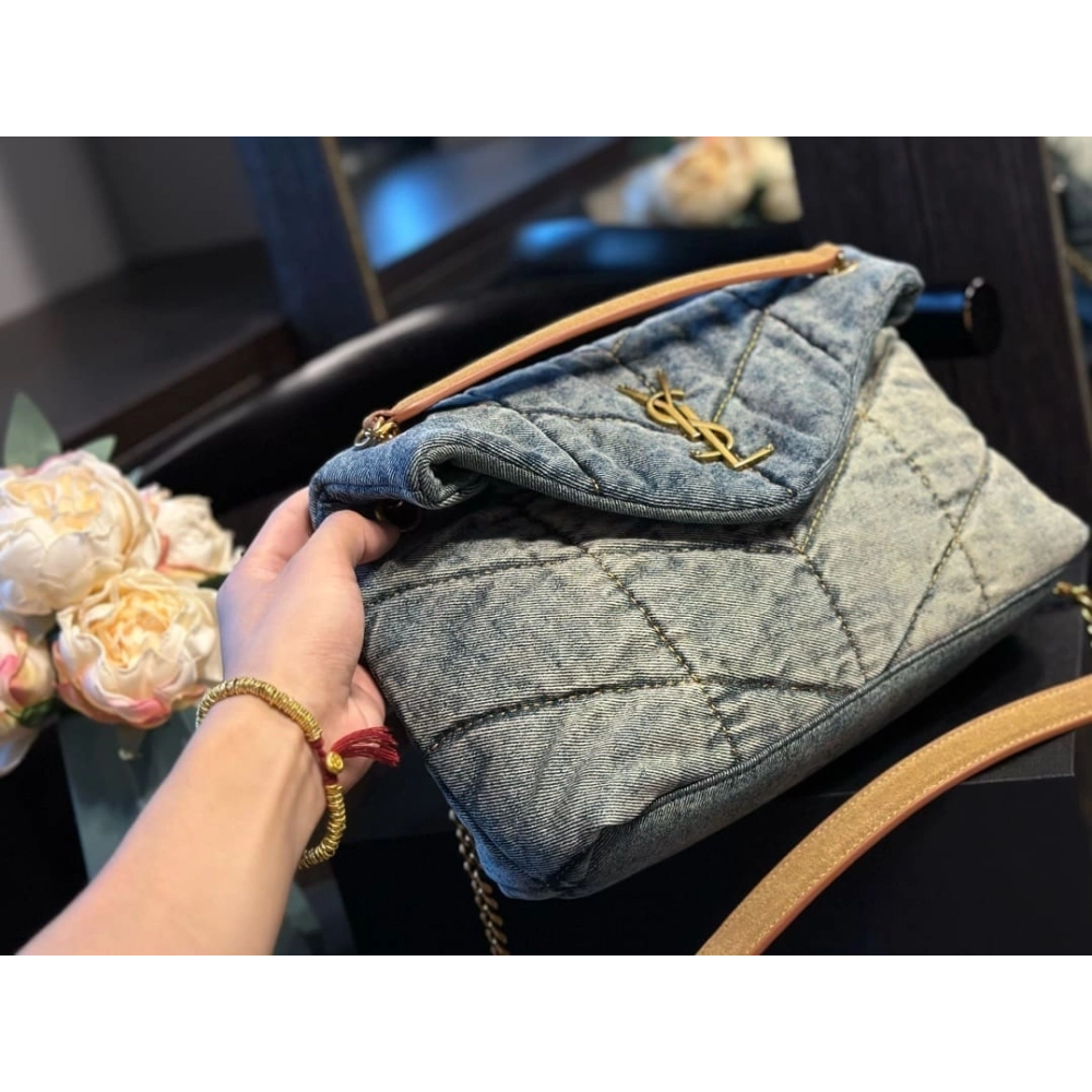 SAINT LAURENT PUFFER SMALL IN SUEDE AND DENIM,YSL,BAGS