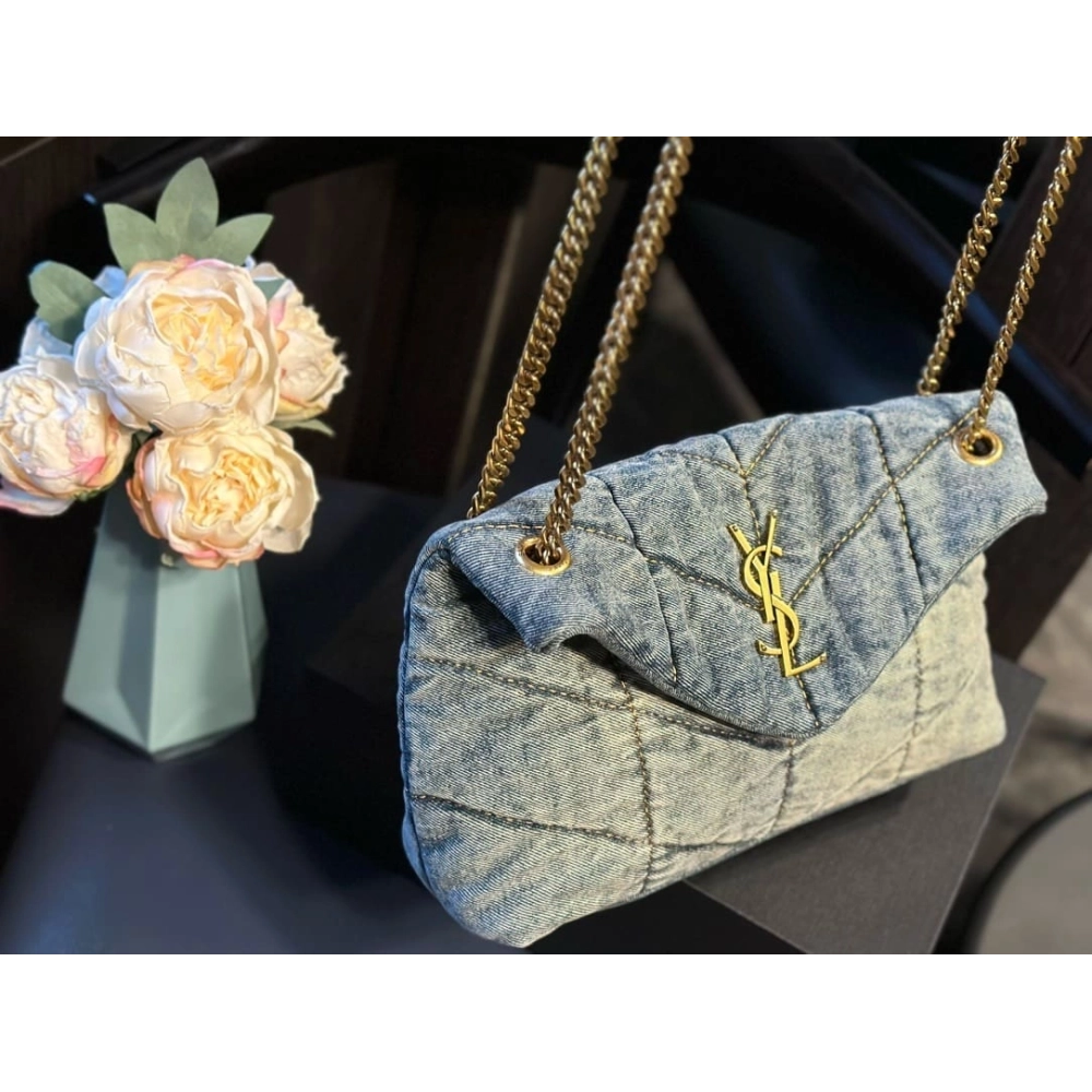 SAINT LAURENT PUFFER SMALL IN SUEDE AND DENIM,YSL,BAGS