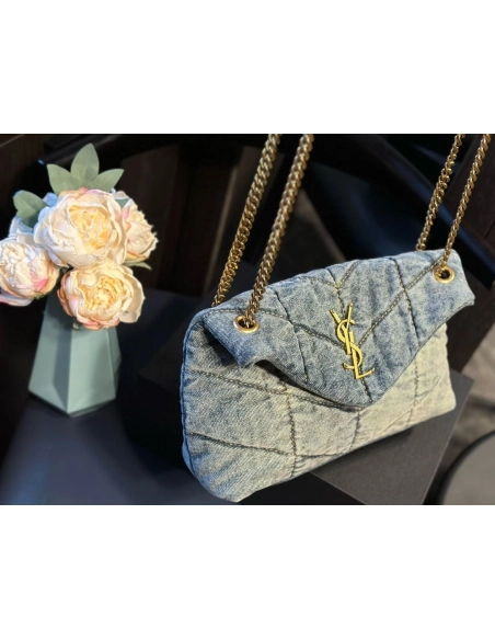 SAINT LAURENT PUFFER SMALL IN SUEDE AND DENIM,YSL,BAGS