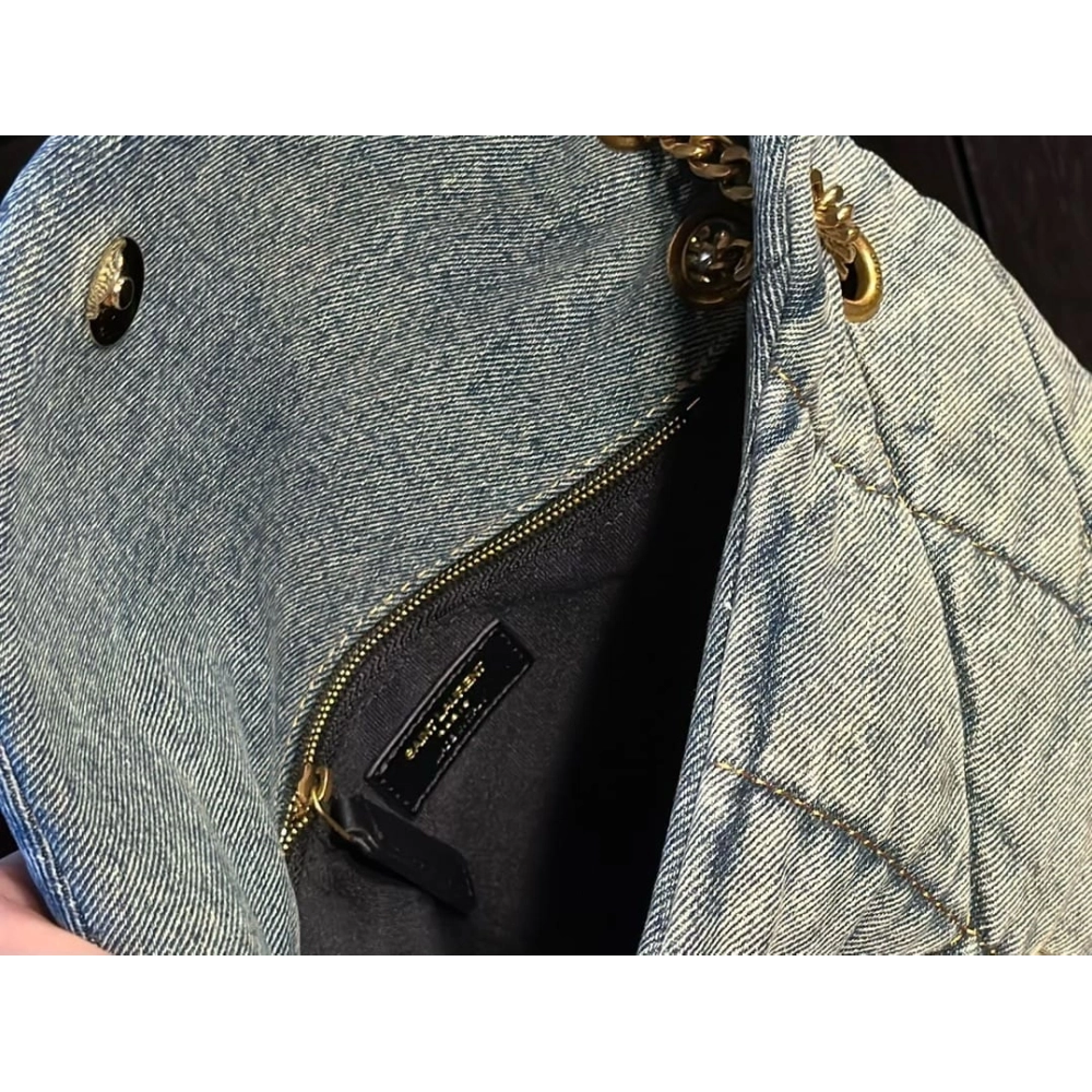 SAINT LAURENT PUFFER SMALL IN SUEDE AND DENIM,YSL,BAGS