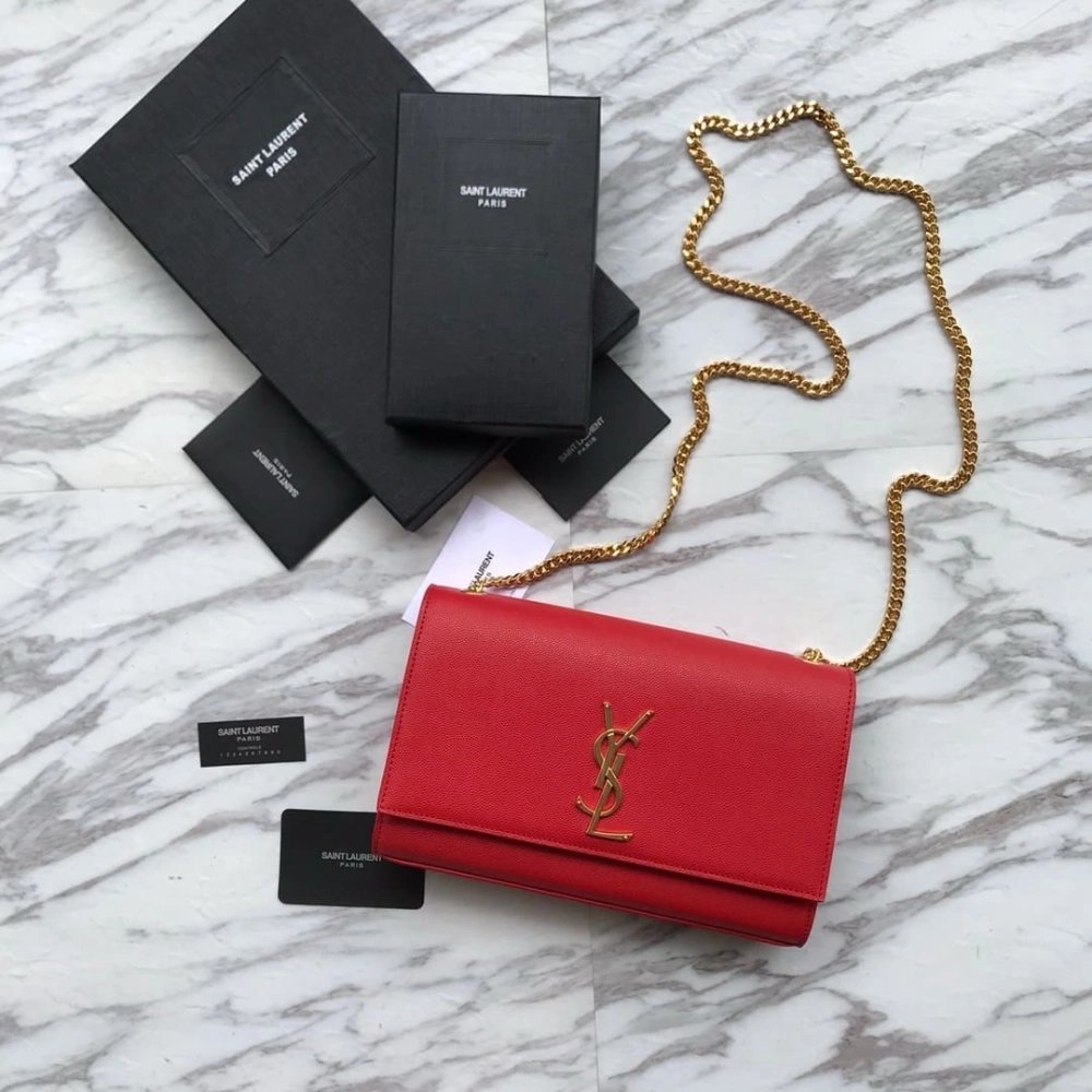 Saint Laurent Red Grained Leather Monogram Medium Kate Flap Bag,YSL,BAGS