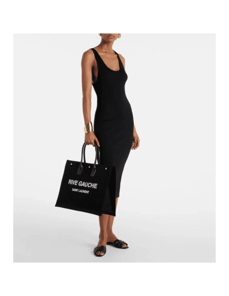 Saint Laurent Rive Gauche Tote Bag In Canvas BLACK,YSL,BAGS