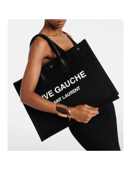 Saint Laurent Rive Gauche Tote Bag In Canvas BLACK,YSL,BAGS