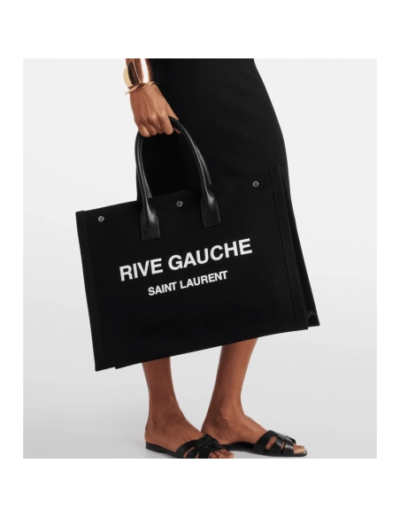 Saint Laurent Rive Gauche Tote Bag In Canvas BLACK,YSL,BAGS