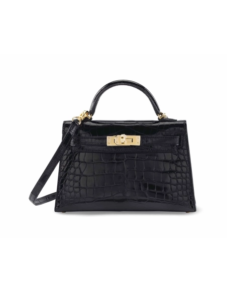 Hermes A SHINY BLACK ALLIGATOR SELLIER MINI KELLY 20 II WITH GOLD HARDWARE,Hermes,BAGS