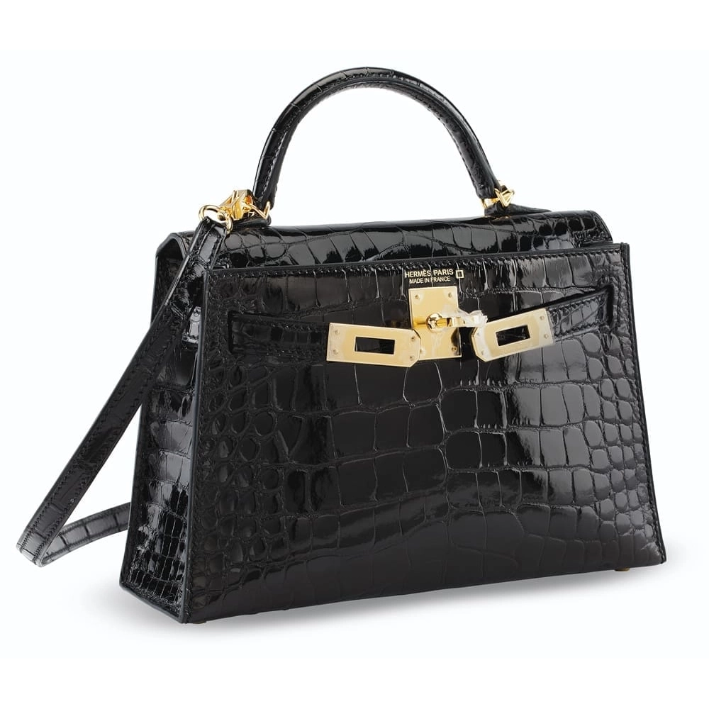 Hermes A SHINY BLACK ALLIGATOR SELLIER MINI KELLY 20 II WITH GOLD HARDWARE,Hermes,BAGS