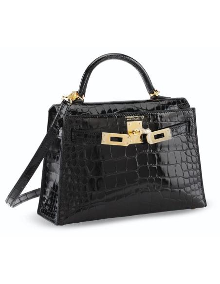 Hermes A SHINY BLACK ALLIGATOR SELLIER MINI KELLY 20 II WITH GOLD HARDWARE,Hermes,BAGS